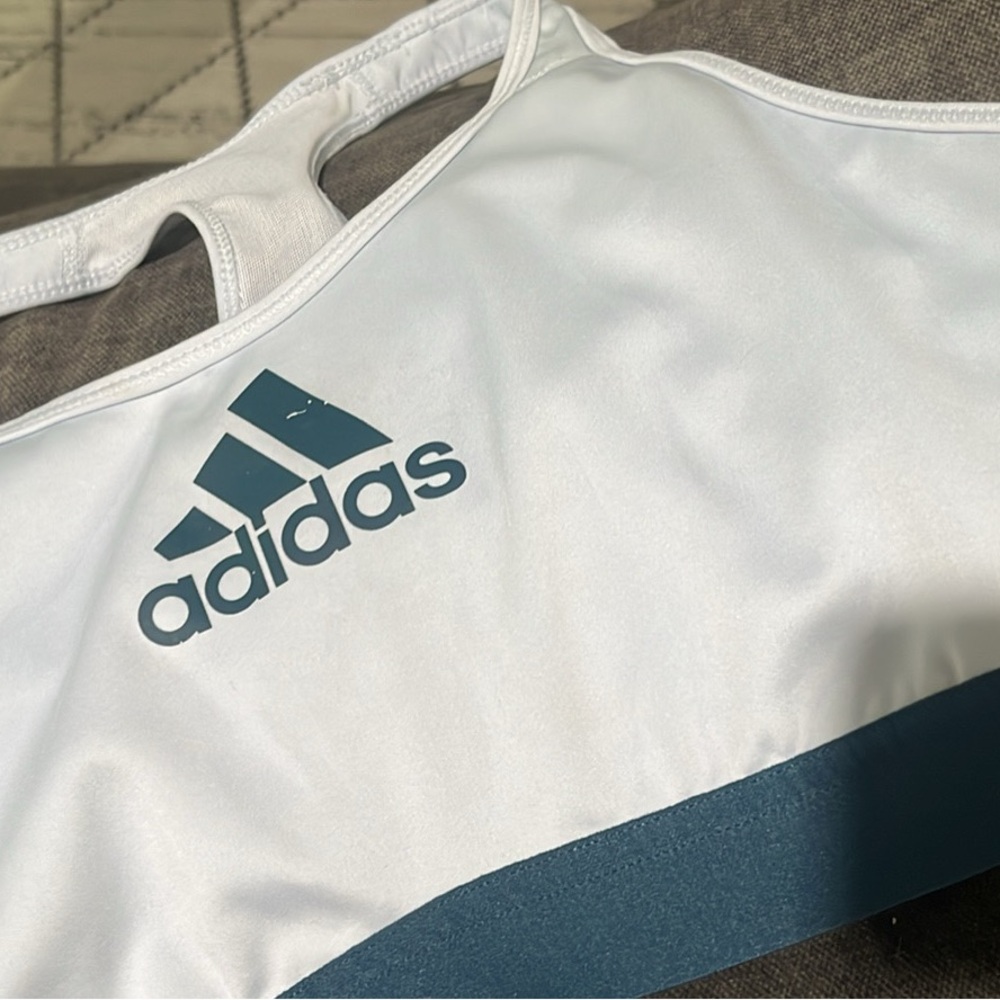 adidas White and Teal Athletic Racerback Bikini Top
